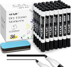 SFAIH Dry Erase Markers Chisel Tip with Magnetic Whiteboard Eraser, 36 Bulk Pack Black White Board Markers for Teachers & Students, Versatile Lines, 1s Quickly Dry, Perfect for Classroom and Office