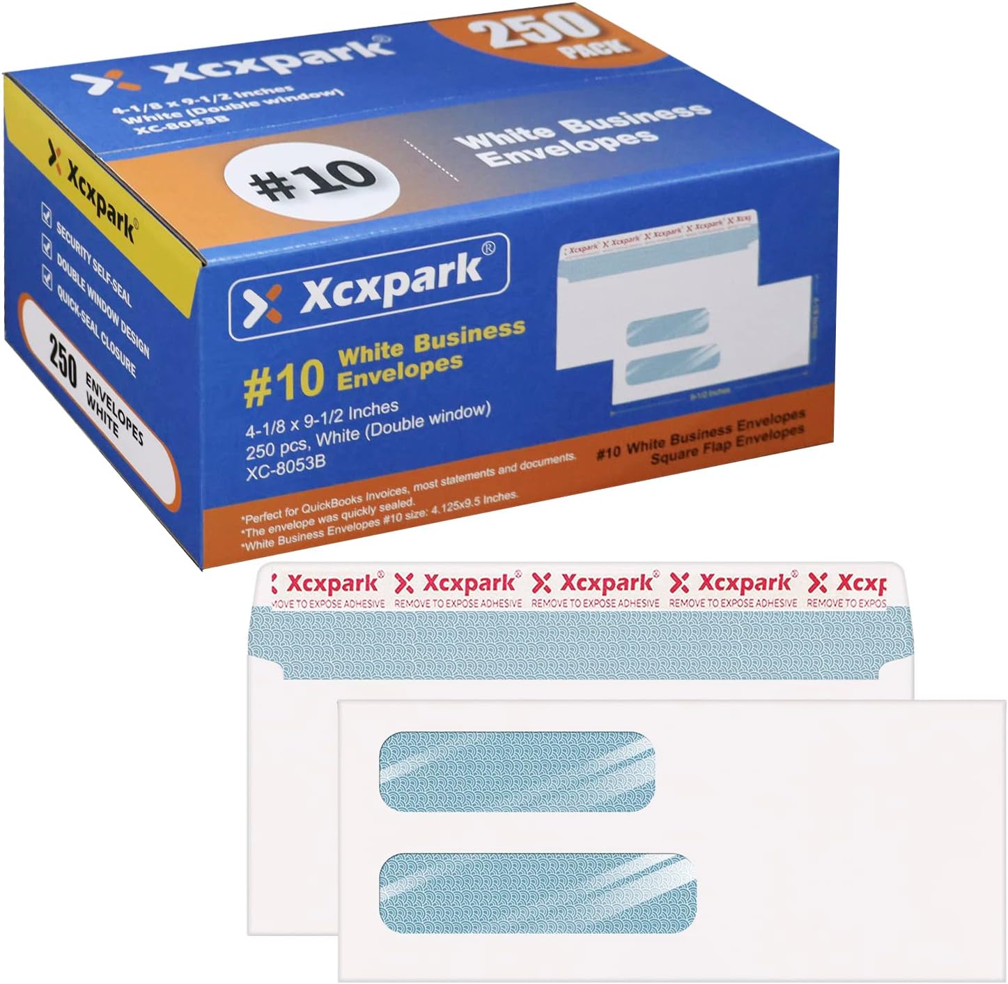 250 PCS #10 Double Window White Security Envelopes for QuickBooks Invoices, Most Statements And Documents Self Seal Kraft 4-1/8 x 9-1/2 inches Invisible Envelopes Super Strong Quick Seal