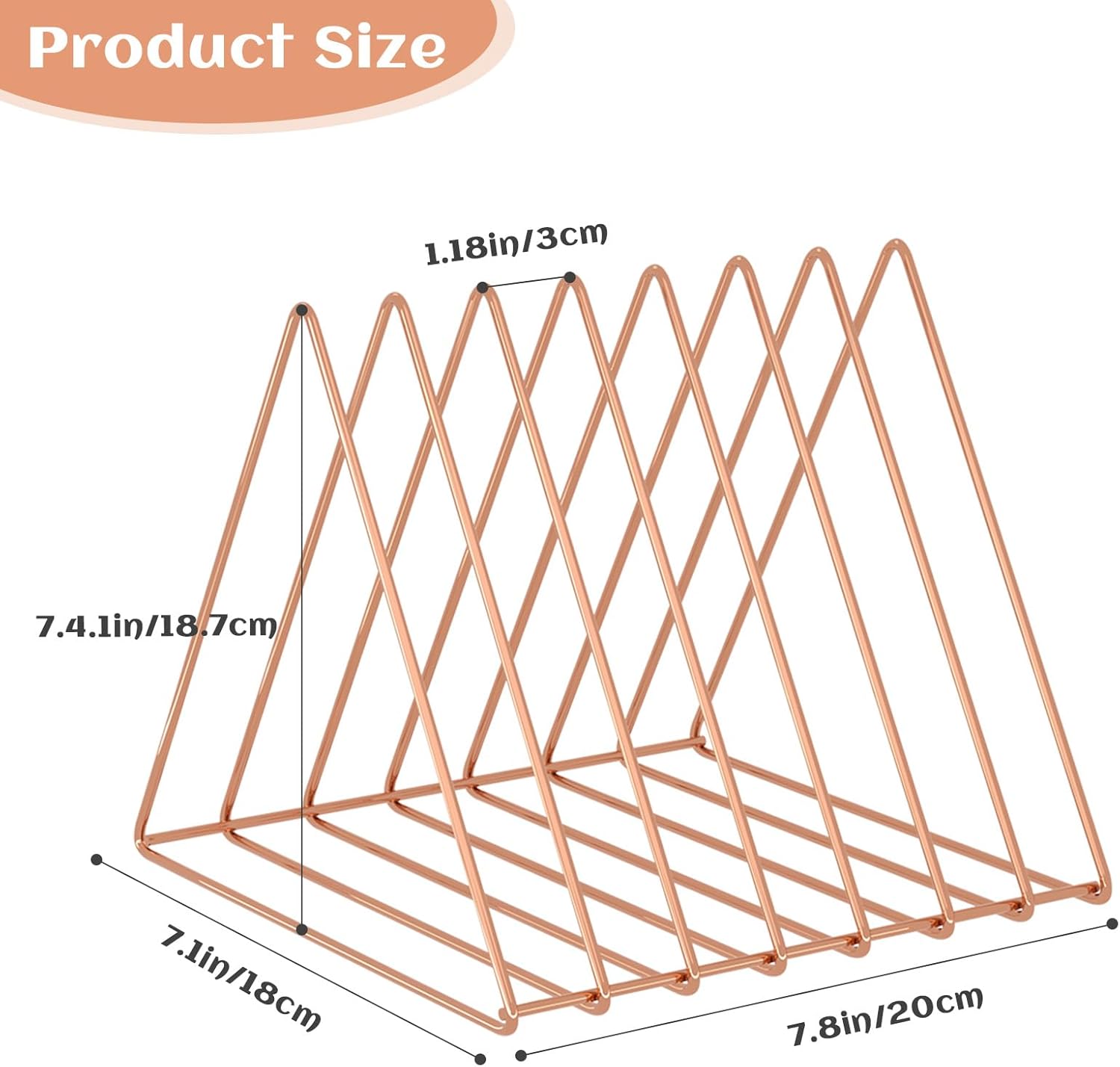 Urban Deco Triangle Desk Organizers Metal Wire Magazine Holder 7 Sections Decorative Vinyl Record Storage Office File Organizer For Desk - Rose Gold Magazine File Holder - 2 Pack