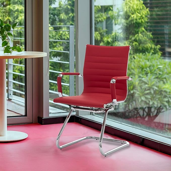 Office Desk Chair Set of 8,No Wheels PU Leather Computer Chairs Mid Back Guest Chairs with Seld Base for School/Reception/Conference/Waiting Room,Burgundy Red