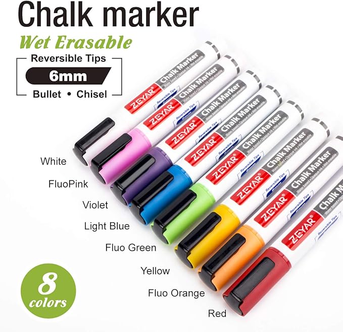 ZEYAR Liquid Chalk Marker-Wet Erase Marker, 6mm Reversible Tip-Bullet or Chisel, 8 Colors, Large Capacity, Writes on Nonporous Chalkboards, Bistro Boards, Windows and Plastic (8 Basic Colors)