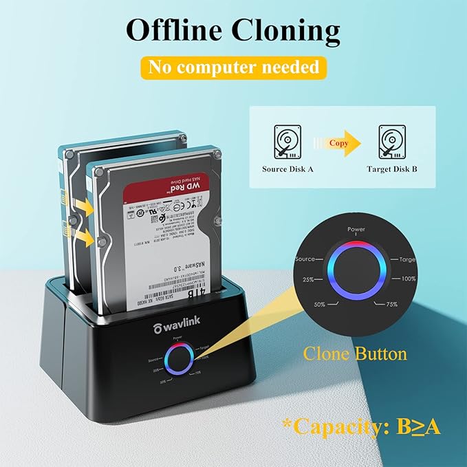 WAVLINK USB 3.0 and USB C to SATA Dual-Bay External Hard Drive Docking Station for 2.5/3.5 Inch HDD/SSD with UASP (6Gbps), Support Offline Clone/Duplicator Function [16TB X2 ]-Black