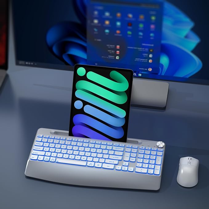 Wireless Keyboard and Mouse Backlits - Full-Sized Ergonomic Lighted Keyboard with Wrist Rest, Phone Holder,2.4GHz Rechargeable Silent Keyboard Mouse Combo for Computer, Laptop, PC, Mac -White