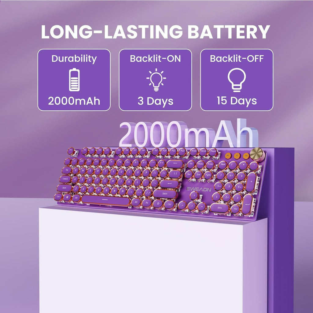 EWEADN V20 Typewriter Keyboard Wireless, 104 Keys Typewriter Style Mechanical with White Backlit, Media Knob, Pink Switch 2.4G/Bluetooth/USB-C Wired Retro Full Size Keyboard for Windows/Mac/PC-Purple