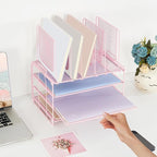 Paper Desk Organizer, 3-Tier Letter Tray with 5 Vertical File Holders, Multifunction Desktop Folder Organizers and Accessories for Home Office(Pink), LK-3CB