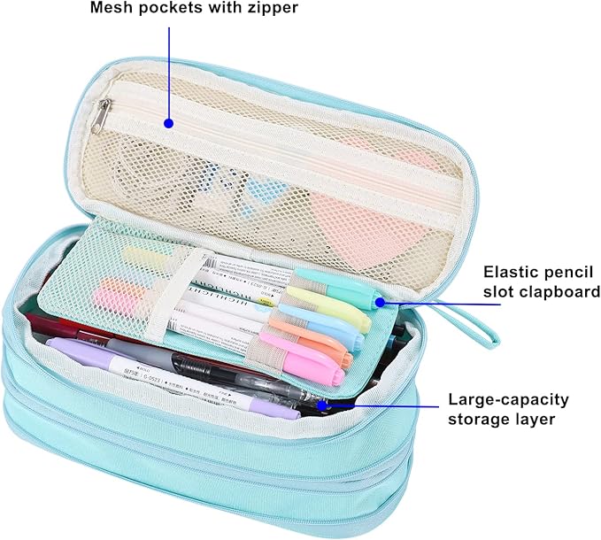 Big Pencil Case Zipper Pencil Pouch Organizer Large Capacity Pen Bag with Handle Portable for Girls Kids Adults Gift Pen Case for School Home Office Light-blue