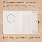 POPRUN 2026 Planner - 2026 Recycled Weekly Planner[6.5''x 8.5''- Italian Regenrated Leather Hard Cover] with Hourly Schedule & Vertical Weekly Layout, Monthly Tabs, Inner Pocket - Black Grey