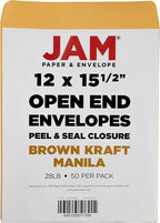 JAM PAPER 12 x 15 1/2 Open End Catalog Recycled Envelopes with Peel and Seal Closure - Brown Kraft - Bulk 250/Box