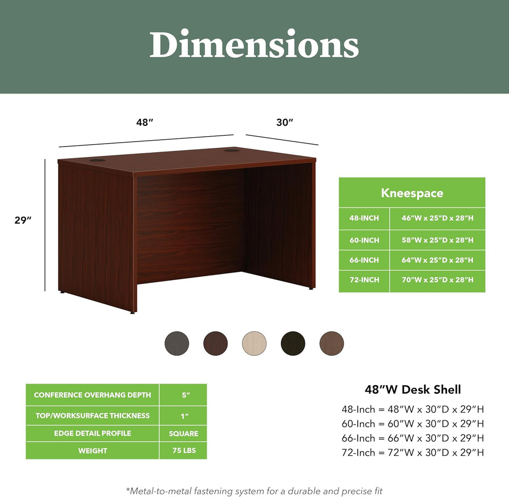HON MOD Executive Desk 48-Inch Large Computer Desk Shell, Thick Wooden Laminate, Modern Table with Cord Management, 48" W x 30" D x 29" H, Traditional Mahogany