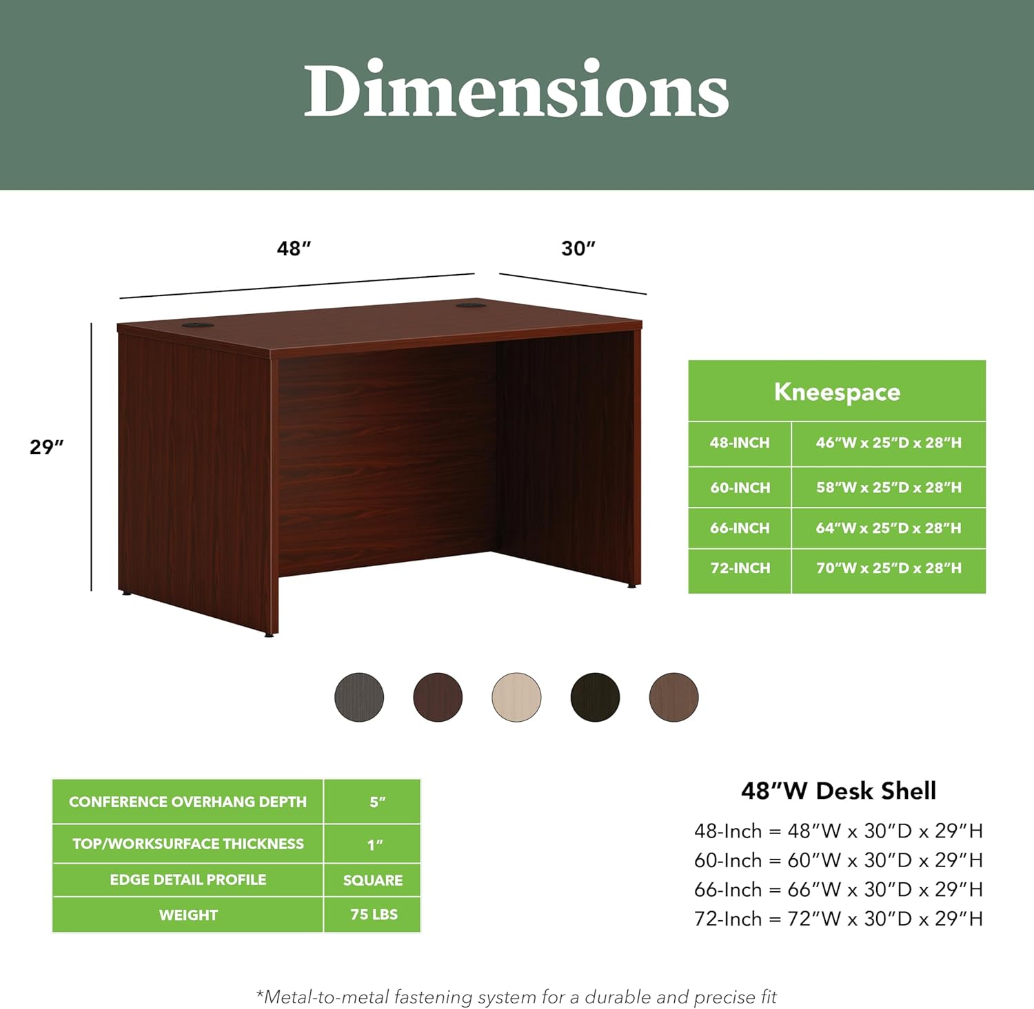 HON MOD Executive Desk 48-Inch Large Computer Desk Shell, Thick Wooden Laminate, Modern Table with Cord Management, 48" W x 30" D x 29" H, Traditional Mahogany