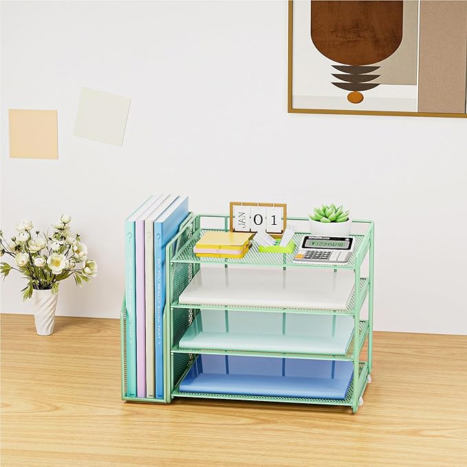 Marbrasse Desk Organizer and Accessories，4-Tier Paper Letter Tray Organizer with File Holder，Desk Accessories & Workspace Desktop Organizers for School Home Office Supplies (Green)