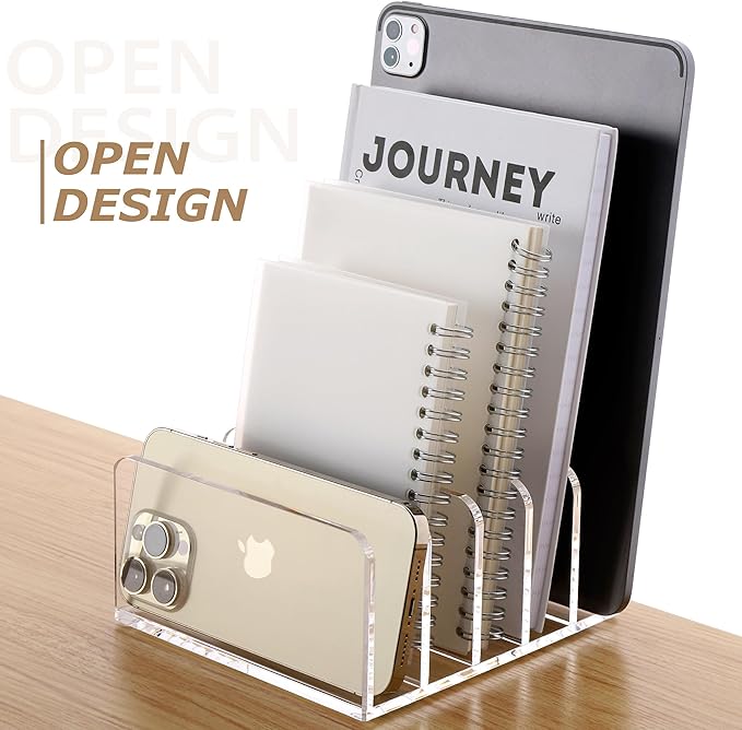 SANRUI Clear Desktop File Organizer, 5 Compartments Acrylic Office Document Sorter Mails Storage, Multifunction Letter Folder Racks Holders for Office,Home, School Desk Organization