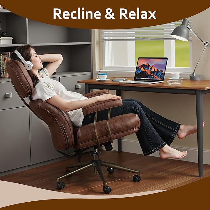 Faux Leather Executive Office Chair - Big and Tall Ergonomic Home Office Chair,Reclining Computer Desk Chair w/Lumbar Support,Adjustable Task Chair Swivel Rolling Chair with Wheels,Dark Brown,Suede