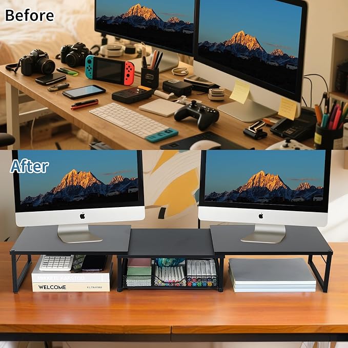 Dual Monitor Stand Riser, Desk Organizer with Drawer, Office Desk Organizers and Accessories, Office Workspace Organization, Computer Monitor Stand for Laptop, Printer (Black)