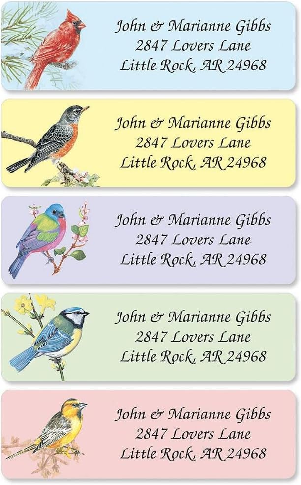 Birds Rolled Personalized Return Address Mailing Labels with Dispenser, Set of 250, 5 Designs, Small ¾ x 2½ Inch Size, Custom Self-Adhesive Sticker Roll, by Colorful Images