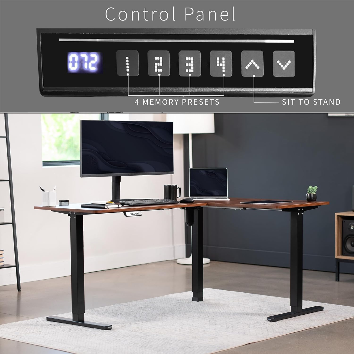 VIVO Electric Corner L-Shaped 63 x 47 in Standing Desk, Memory Height Adjustment, Dark Walnut Top Black Frame, DESK-E3CTD-47