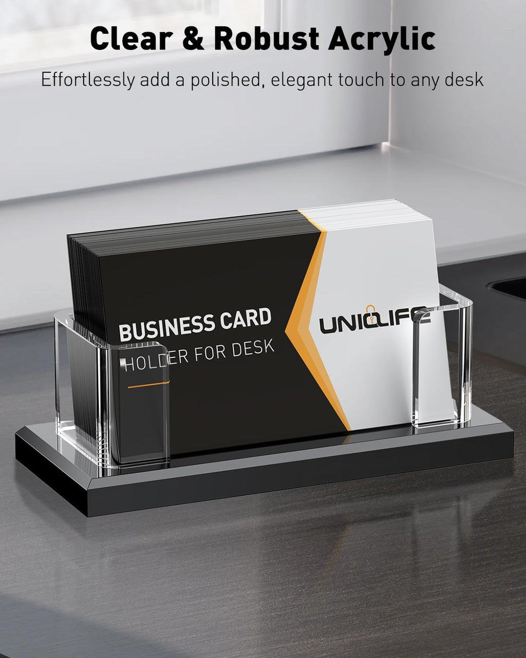 Uniclife Acrylic Business Card Holder for Desk 1 Slot Clear Horizontal Business Card Stand for Men & Women Desktop Name Card Display Stand Card Organizer for Office Home Exhibition, 60 Card Capacity