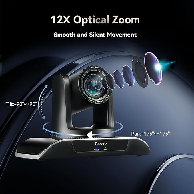 Tenveo 12X Optical Zoom PTZ Conference Camera USB3.0/HDMI 90° Wide View Angle, FHD 1080P 60FPS for Video Conferencing Business Meeting Church Services Worship Education Zoom Teams OBS