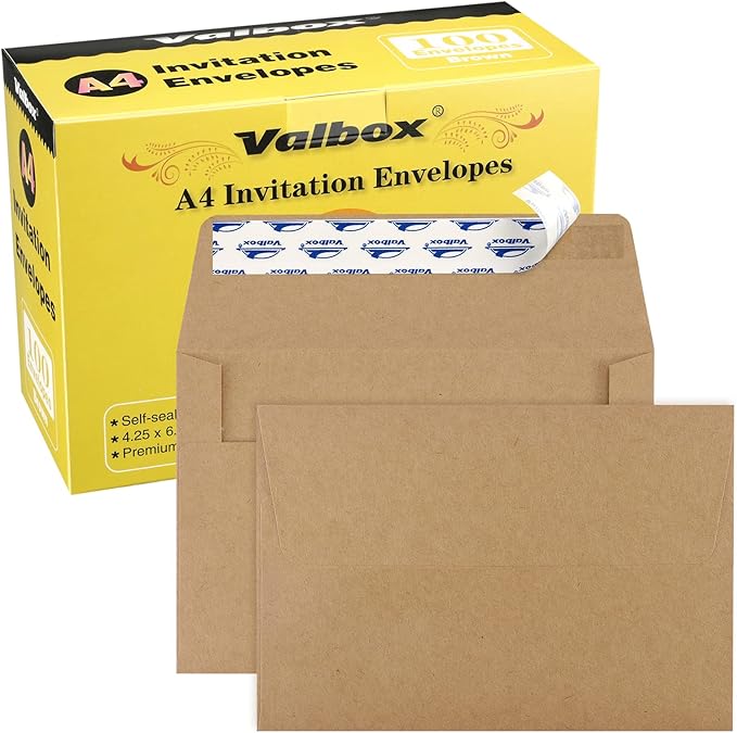 ValBox A4 Photo Envelopes 100 Qty 4 x 6 Brown Kraft Paper Envelopes Self Seal for 4x6 Cards, Photos, Weddings, Invitations, Baby Shower, 4.25 x 6.25 Inches (A4)