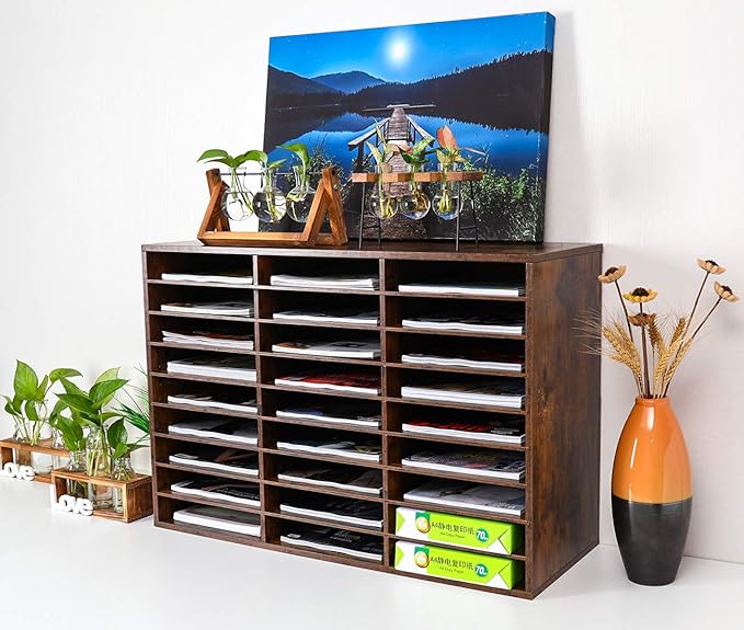 PAG Wood Literature Organizer Mail Sorter Student Mailbox for Classroom Desktop Bill Paper Holder for Office Home School, 27 Compartments, Antique Brown