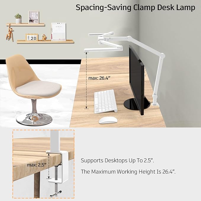 LED Desk Lamp for Home Office, 41.5" White Clip on Architect Desk Lamp with Clamp, 24W Adjustable Dimmable Bright Swing Arm Eye Care LED Table Light Clamp on Office Lighting
