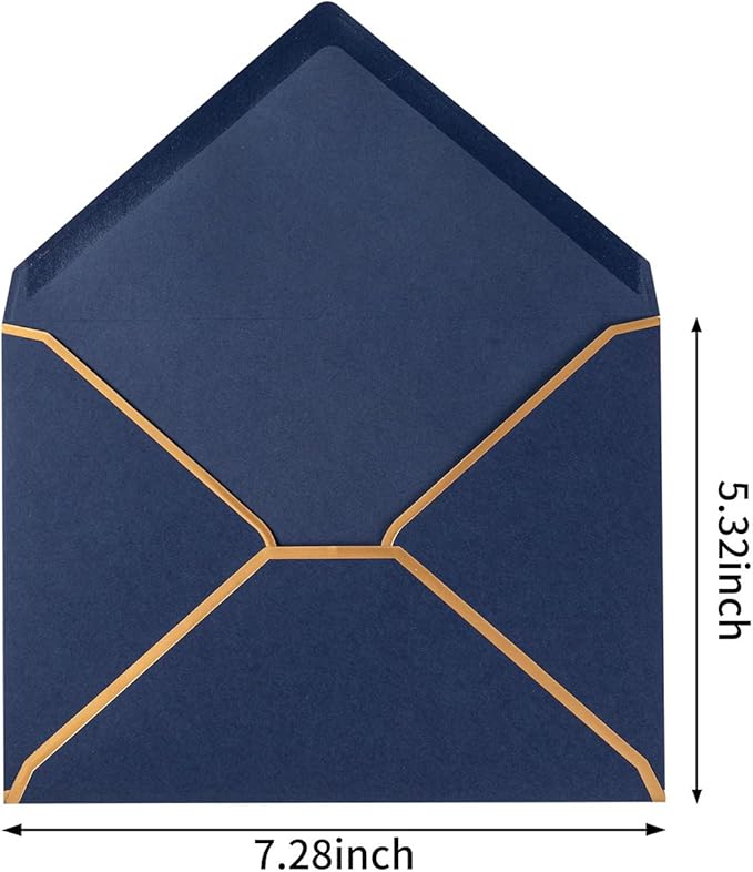 50 Pack A7 Envelopes Navy Blue 5 x 7 Self-Adhesive V Flap Envelopes with Gold Border for Office, Greeting Card, Wedding, Graduation, Baby Shower, Parties, Invitations (Navy Blue, 5x7)
