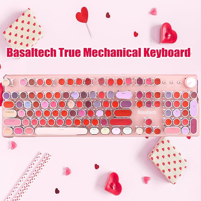 Basaltech Pink Keyboard Typewriter Style with White LED Backlight,Vintage Mechanical Gaming Keyboards with Lipstick Round Keycaps, Blue Switches 104-Keys Wired Keyboard Metal Panel for Laptop/pc