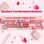 Basaltech Pink Keyboard Typewriter Style with White LED Backlight,Vintage Mechanical Gaming Keyboards with Lipstick Round Keycaps, Blue Switches 104-Keys Wired Keyboard Metal Panel for Laptop/pc