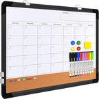 Monthly Calendar Whiteboard, 24"x18" Dry Erase Cork Board Combination for Wall, Magnetic Dry Erase Board, Double-Sided White Board, Portable Board for Office, Kitchen, Planning, Memo, School, Home