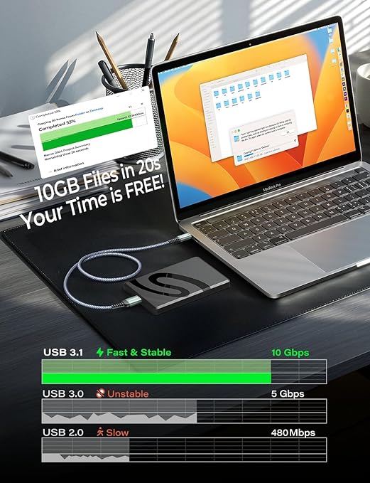 AINOPE External Hard Drive Cord 10Gbps Micro B to USB C External Hard Drive USB C to Micro B Cable Nylon Braided for MacBook Air/Pro, Seagate, WD Toshiba, SSD, iPhone, iPad, Camera, 1.6FT, Grey