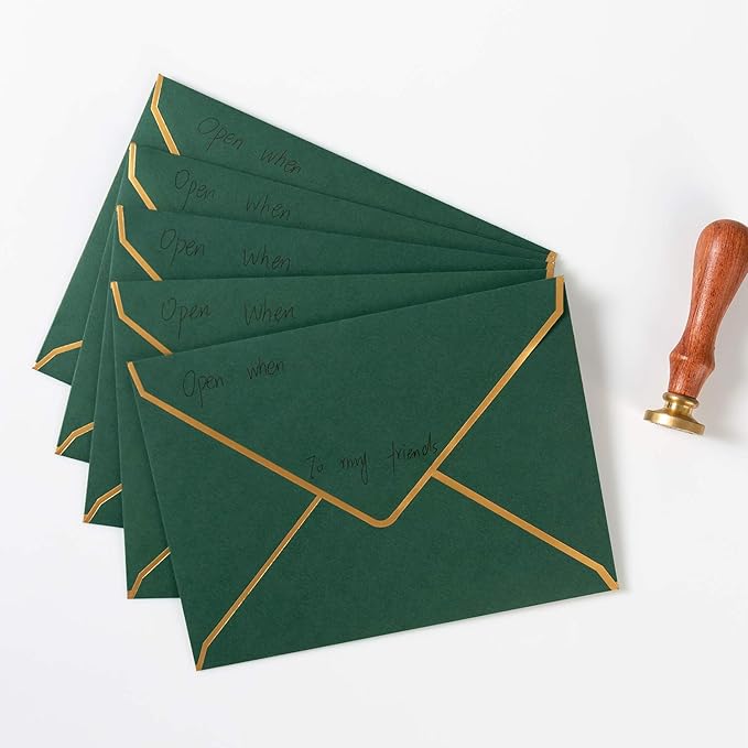 50 Pack A4 Envelopes Dark Green 4x6 Self-Adhesive V Flap Envelopes with Gold Border for Office, Wedding Gift Cards, Invitations, Graduation, Baby Shower, Parties (4.25x6.25 inches)