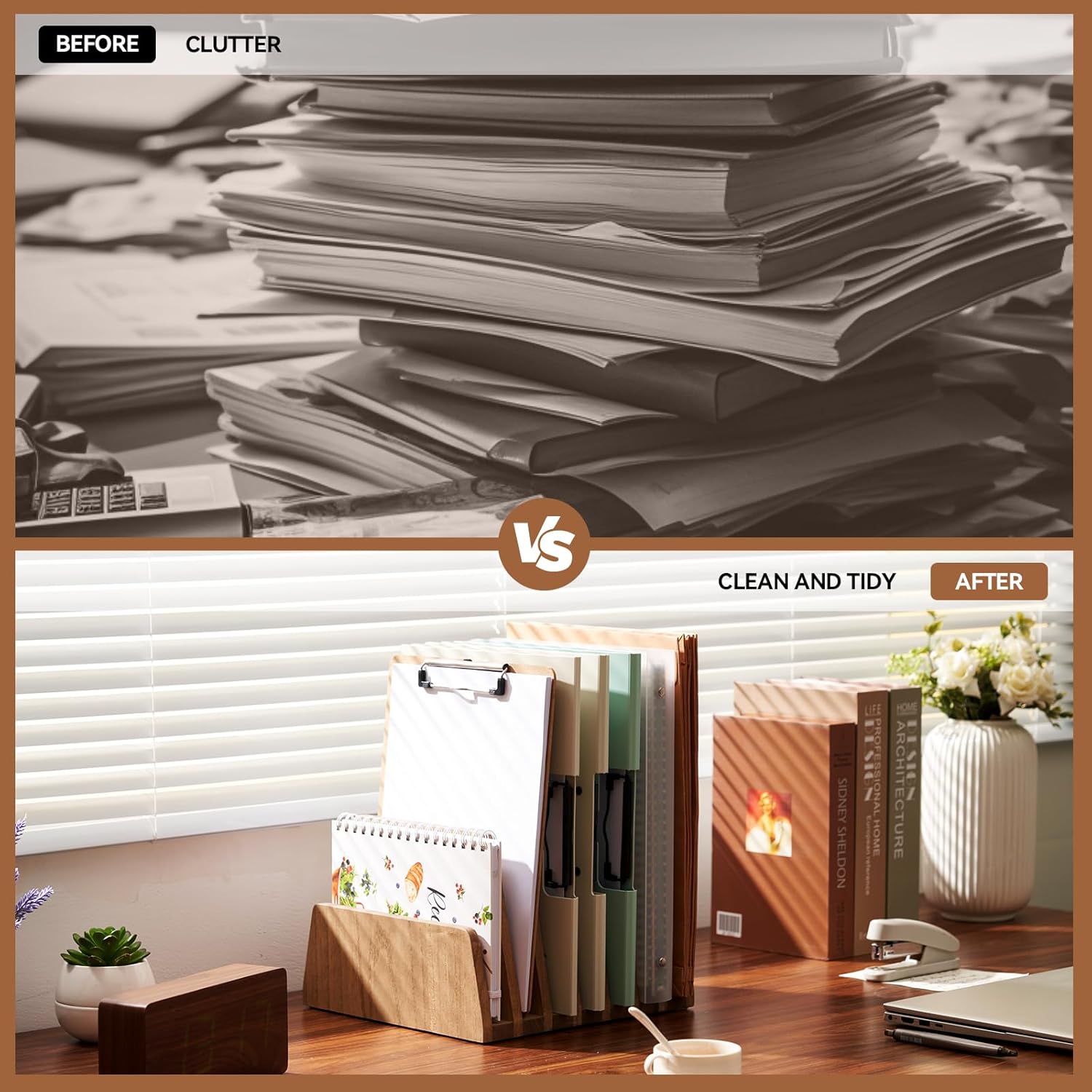 KIRIGEN Wood File Mail Organizer 7 Slots File Paper Holder Desktop Wood Document Letter Holder Organizer for Home Office Brown (7KWJJ-DBR)