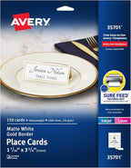 Avery Printable Place Cards with Sure Feed Technology, 1-7/16" x 3-3/4", White with Gold Border, 150 Blank Tent Cards for Laser or Inkjet Printers (35701)