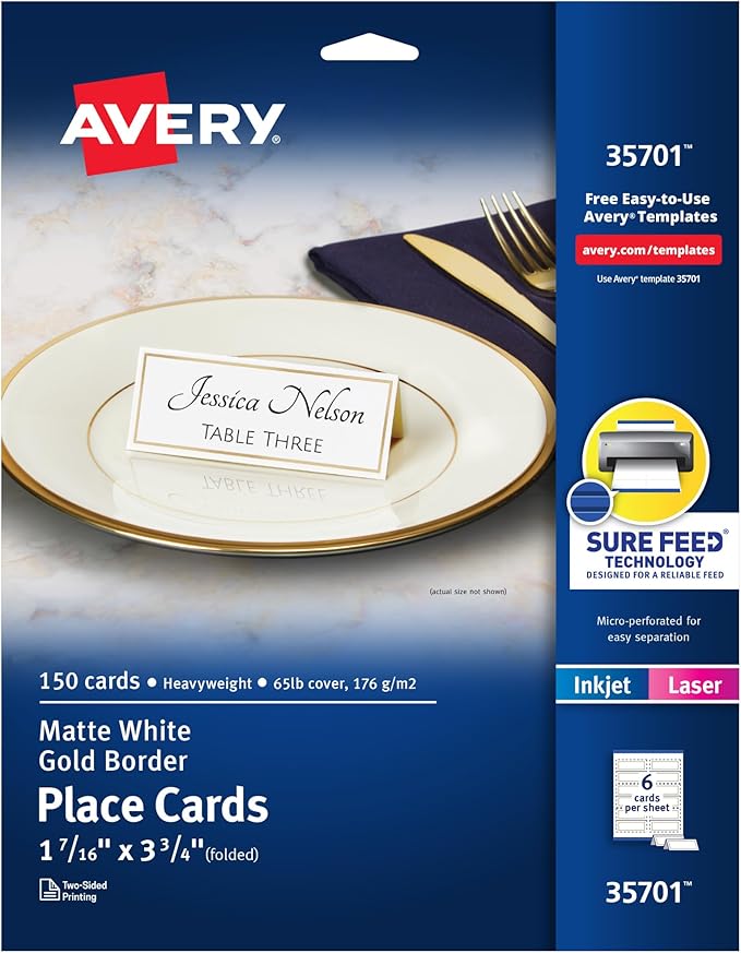 Avery Printable Place Cards with Sure Feed Technology, 1-7/16" x 3-3/4", White with Gold Border, 150 Blank Tent Cards for Laser or Inkjet Printers (35701)