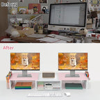 Desk Dual Monitor Stand Riser - Desk Organizer with Drawer and Pen Holders, Office Desk Accessories & Workspace Organization, Computer Monitor Stand for Laptop, Printer(Pink＆ White)