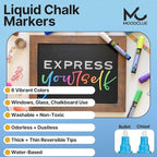 Liquid chalk markers washable, erasable, dry or wet erase. 6 neon markers for whiteboards, glass boards, mirrors, chalkboards, windows, car windshields, glass. Non-toxic, reverse tip pens