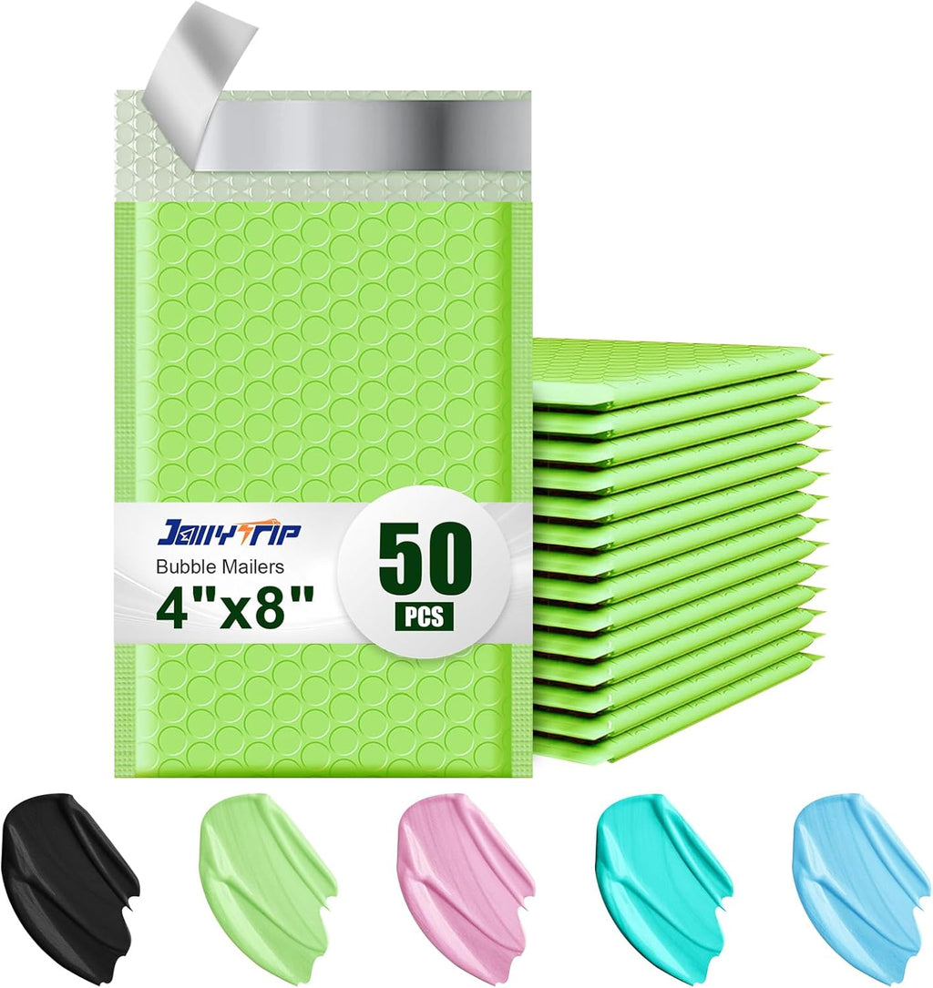 Poly Bubble Mailers 4x8 Padded Envelopes #000 50pcs, Self Seal Shipping Envelopes Padded Packaging for Small Business (Light Green)