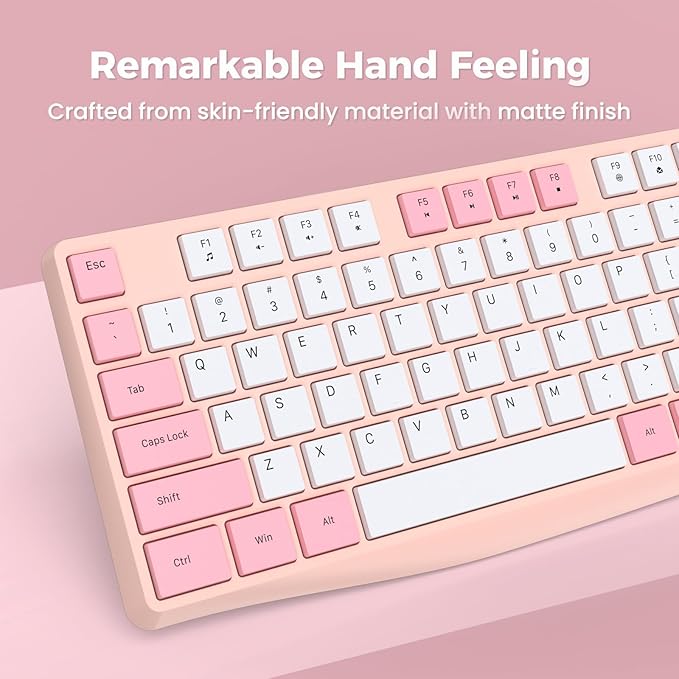 Lovaky Wireless Keyboard, 2.4G Ergonomic Wireless Computer Keyboard, Enlarged Indicator Light, Full Size PC Keyboard with Numeric Keypad for Laptop, Desktop, Surface, Chromebook, Notebook,PinkWhite