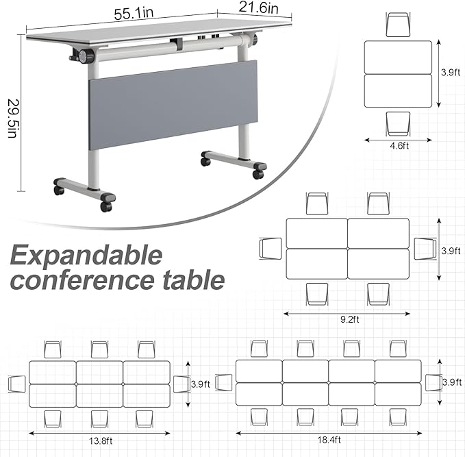 Folding Conference Table, Modern Large Conference Room Tables with Flip-Top Design, Foldable Conference Table Meeting Table with Wheels, Mobile Seminar Training Tables for Office Classroom (4, Gray)