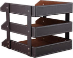 KINGFOM Letter Tray, Leather Paper Organizer Tray, Wooden Desk File Holder, Desktop File, Stackable Magazine Holder, Mail Sorter, Great for Home or Office - 3 Level Brown