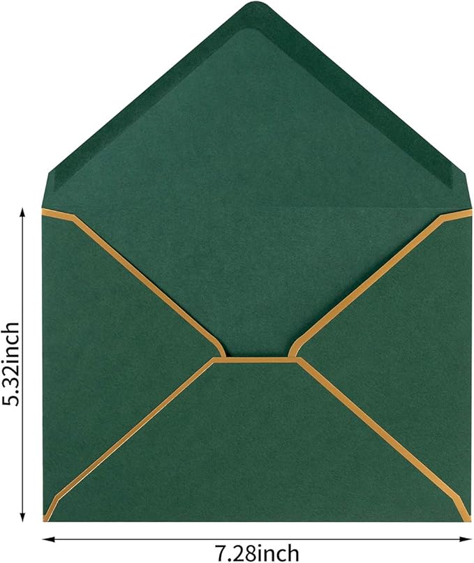 50 Pack A7 Envelopes Dark Green 5 x 7 Self-Adhesive V Flap Envelopes with Gold Border for Office, Greeting Card, Wedding, Graduation, Baby Shower, Parties, Invitations (Dark Green, 5x7)