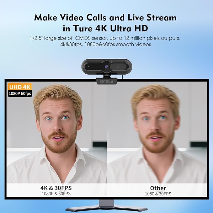TOALLIN 4K Webcam for PC, 1/2.5" Sensor & 12MP, 1080P & 60FPS, PDAF Auto-Focus, Built-in Microphone and Sliding Privacy Cover, USB Web Camera for Gaming, Conferencing, Streaming and Video Calls