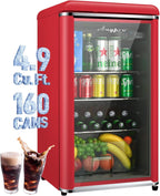 4.9 Cu.Ft Retro Small Beverage Refrigerator Cooler with Double Tempered Glass Door, 120 Can Wine Drink Beer Mini Fridge for Office Bedroom Bar with 7 Temperatures, Adjustable Shelves, Red
