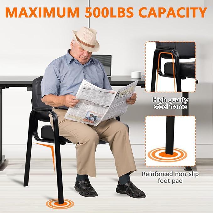 CLATINA Big & Tall 800 lbs Waiting Room Guest Chair, Leather Office Reception Chair No Wheels with Padded Arms for Elderly Home Desk Conference Room Lobby Side Salon Clinic, Black(8 Pack)