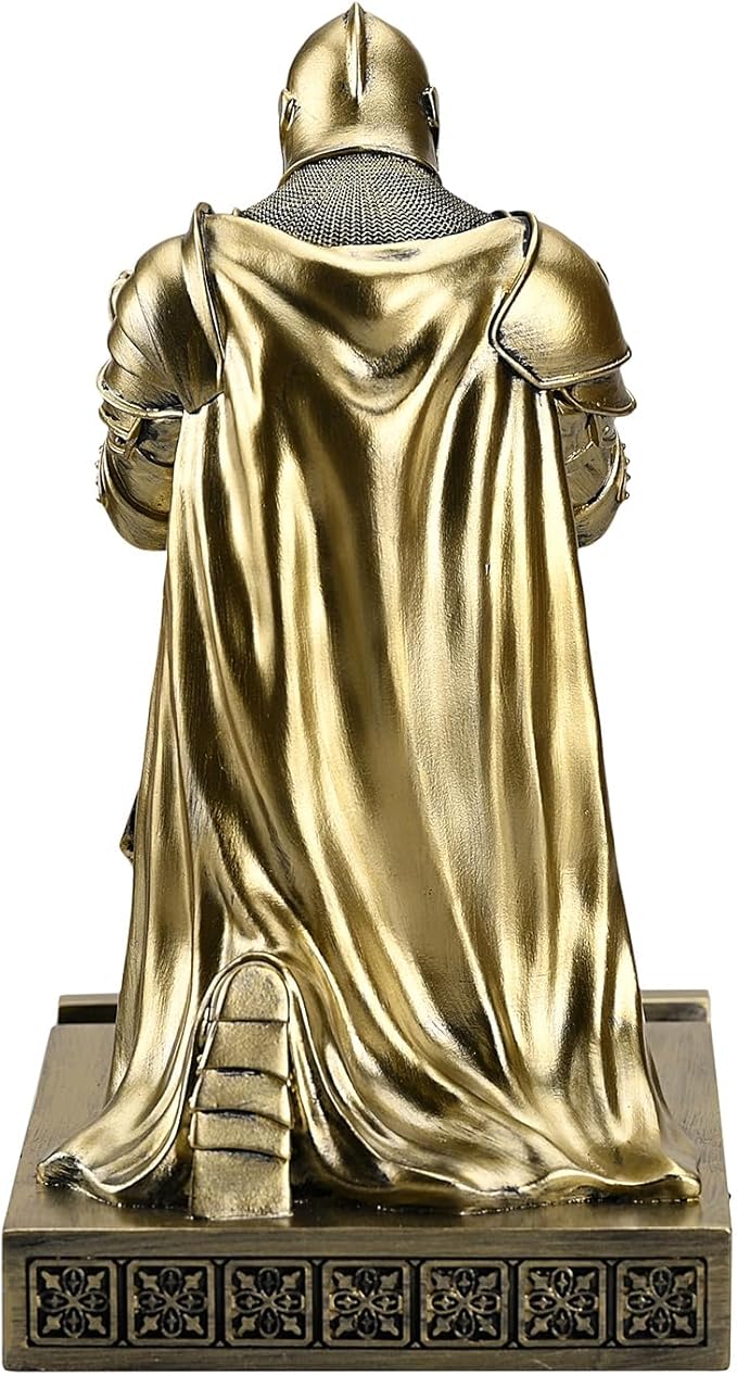 Medieval Armored Warrior Wearing Outerwear, Mobile Phone Stand Knight Pen Holder Desk Organizers, Resin Bookends Paperweight with a Letter Opener for Desk (Bronze)
