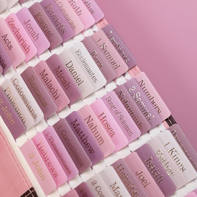 UPAFEXXI-Laminated Bible Tabs for Women and Men (Gold Foil Embossed Lettering) Reposition Large Print tabs, Easy to Read and Apply, 80 Bible Chapters Labels for Easy Navigation(Pink and White)