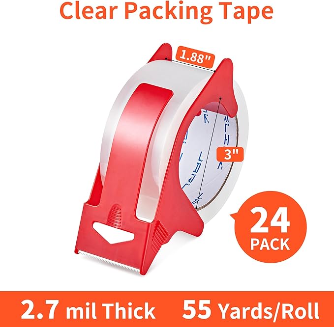 JARLINK 24 Rolls Clear Packing Tape with 4 Dispensers, Heavy Duty Packaging Tape Refills for Shipping Packaging Mailing, 2.7mil Thick, 1.88 inches Wide, 55 Yards Per Roll, 1320 Total Yards