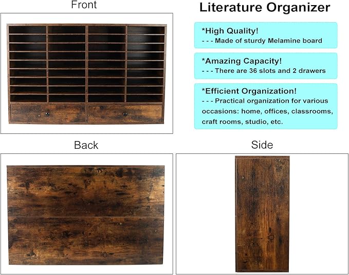 PAG Mail Sorter Organizer, Wood Literature Organizer, Student Mailbox for Classroom, Desktop Bill Paper Organizer for Office Home School, 38 Compartments, Antique Brown