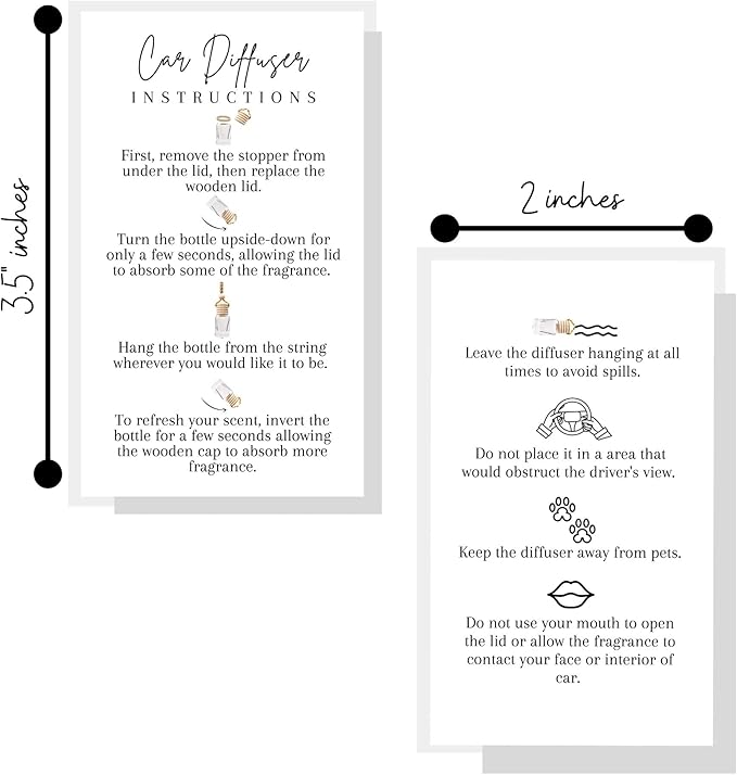 Car Diffuser Instruction Cards | Physical Printed 2" x 3.5" inches Business Card Size | Car Diffuser Supplies | White with Black Design