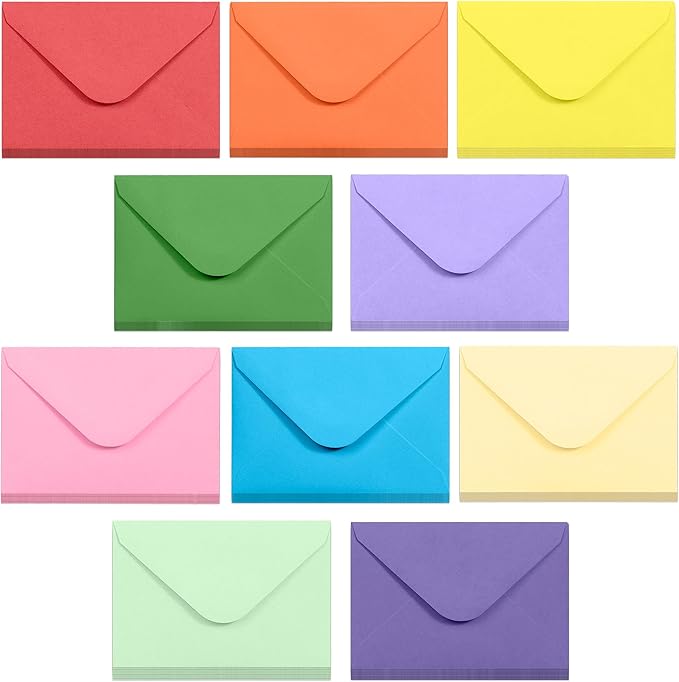 Gift Card Envelopes - Gummed 100-Count Mini Envelopes, Paper Business Card Envelopes, Bulk Tiny Envelope Pockets for Small Note Cards, 10 Colors, 4 x 2.7 Inches